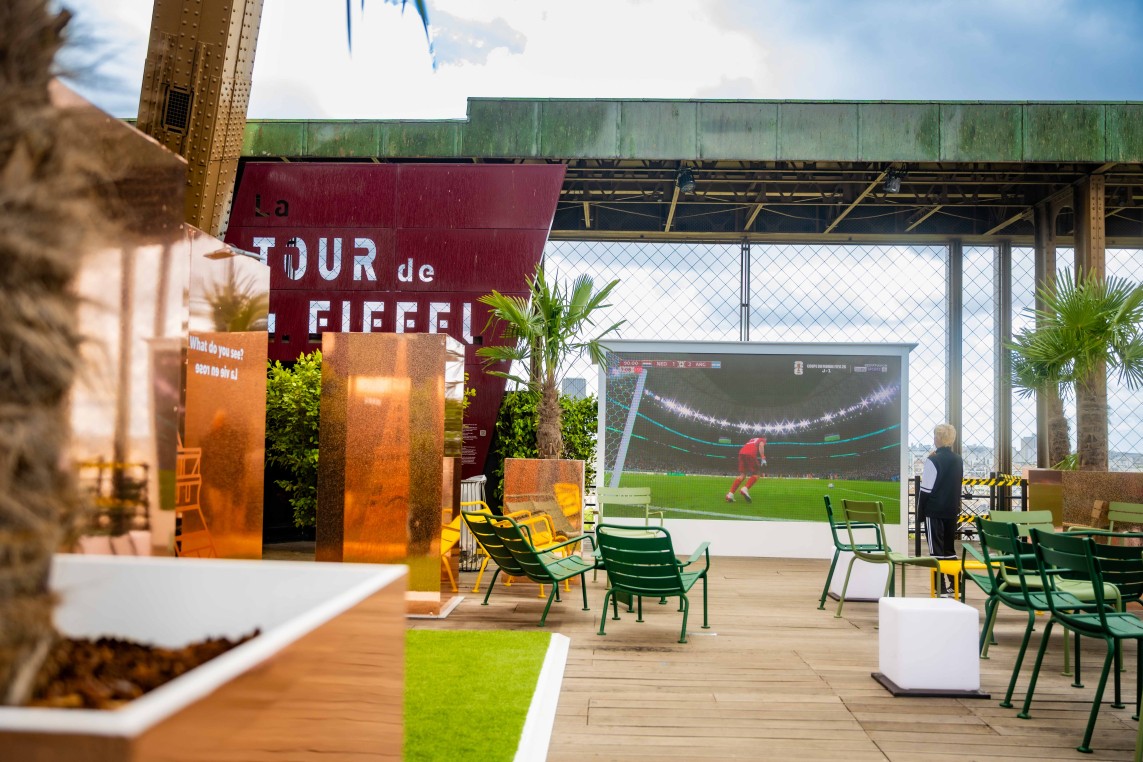 The large screen set up on the terrace 